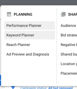 access the google seo keyword planner on the left menu